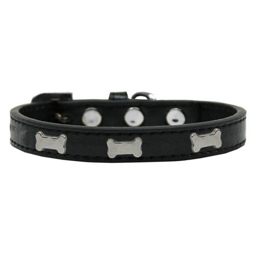 Mirage Pet Products Silver Bones Widget Leather Designer Dog Collar Black
