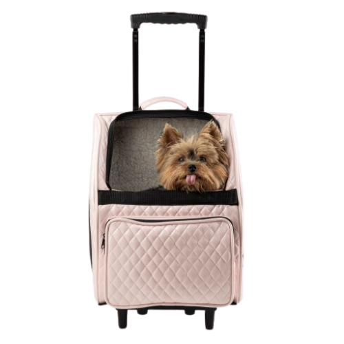 PETOTE Rio Roller Bag Dog Travel Carrier — Pink Quilted Faux Leather Front View with Dog