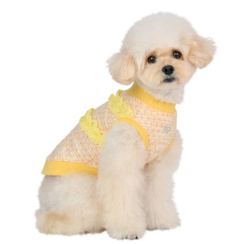 PUPPIA Scarlett Houndstooth Sleeveless Dog Shirt — Yellow on Dog