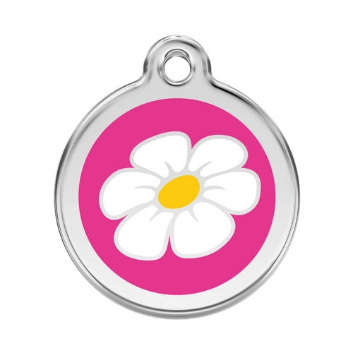 Red Dingo DAISY Engraved Stainless Steel Enamel Dog ID Tag Large Hot Pink