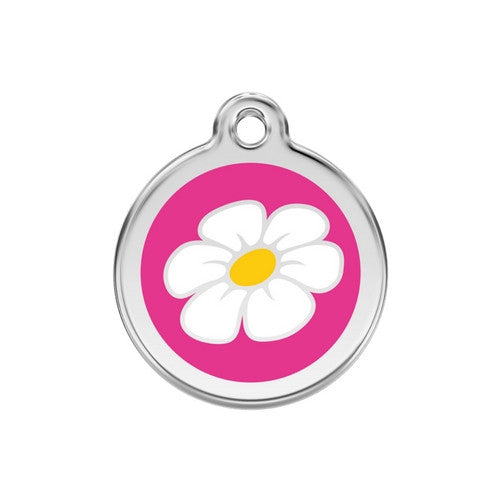 Red Dingo DAISY Engraved Stainless Steel Enamel Dog ID Tag Medium Hot Pink