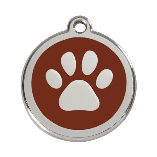 Red Dingo Paw Print Enamel Stainless Steel Dog ID Tag Brown Large