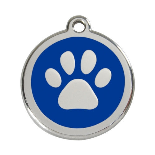 Red Dingo Paw Print Enamel Stainless Steel Dog ID Tag Dark Blue Large