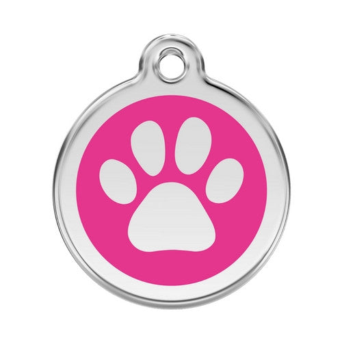 Red Dingo Paw Print Enamel Stainless Steel Dog ID Tag Hot Pink Large