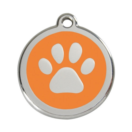 Red Dingo Paw Print Enamel Stainless Steel Dog ID Tag Orange Large