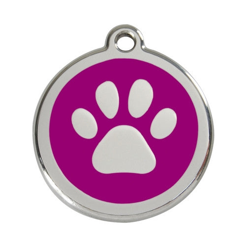 Red Dingo Paw Print Enamel Stainless Steel Dog ID Tag Purple Large