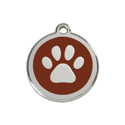 Red Dingo Paw Print Enamel Stainless Steel Dog ID Tag Brown Medium