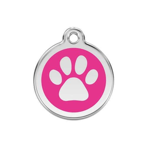Red Dingo Paw Print Enamel Stainless Steel Dog ID Tag Hot Pink Medium