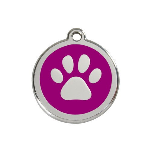 Red Dingo Paw Print Enamel Stainless Steel Dog ID Tag Purple Medium