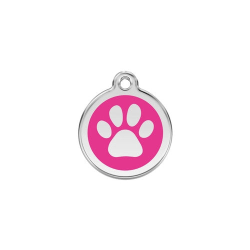 Red Dingo Paw Print Enamel Stainless Steel Dog ID Tag Hot Pink Small