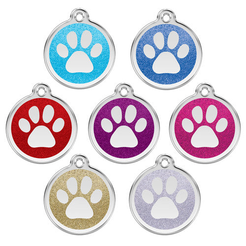 Red Dingo Paw Print Glitter Stainless Steel Dog ID Tag 