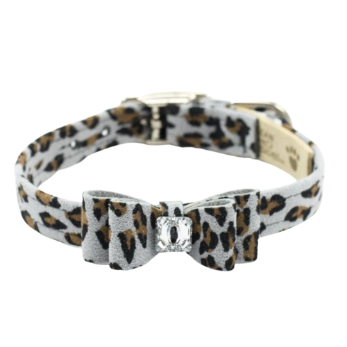Susan Lanci Designs Jungle Big Bow Crystal Dog Collar — Platinum Cheetah 