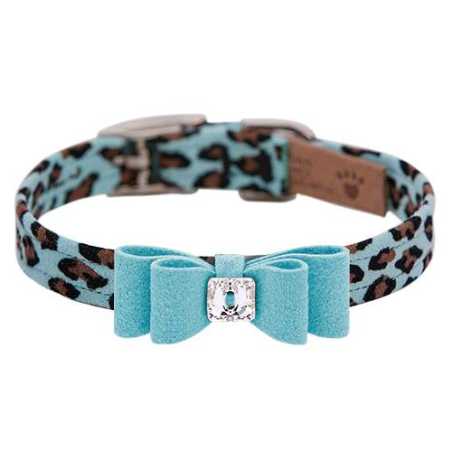 Susan Lanci Designs Jungle Crystal Big Bow Dog Collar — Tiffi Blue Cheetah with Contrast Bow