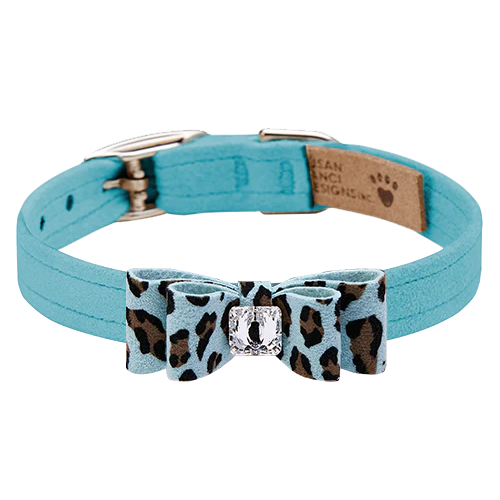 Susan Lanci Big Bow Crystal Dog Collar — Tiffi Blue + Cheetah Bow