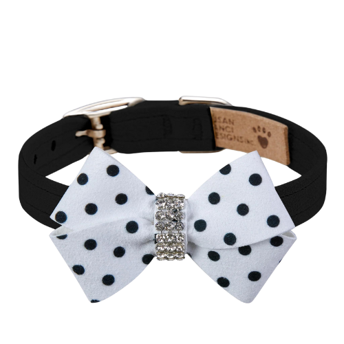 Susan Lanci Designs Nouveau Bow Crystal Ultrasuede Collar — Black + White Polka Dot