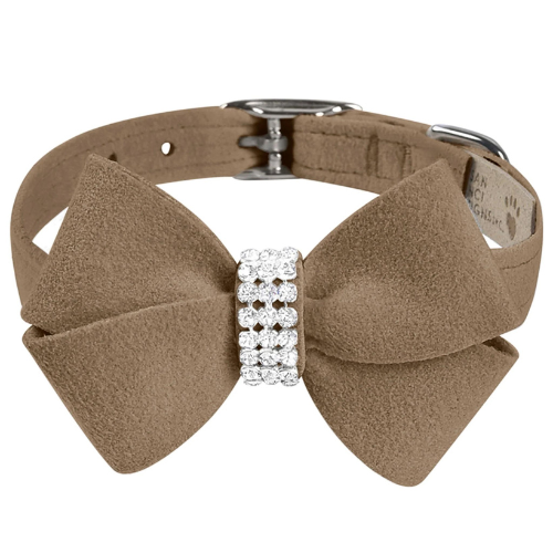 Susan Lanci Designs Nouveau Bow Crystal Ultrasuede Dog Collar — Fawn