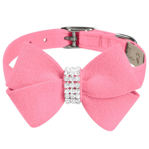 Susan Lanci Designs Nouveau Bow Crystal Ultrasuede Collar — Perfect Pink
