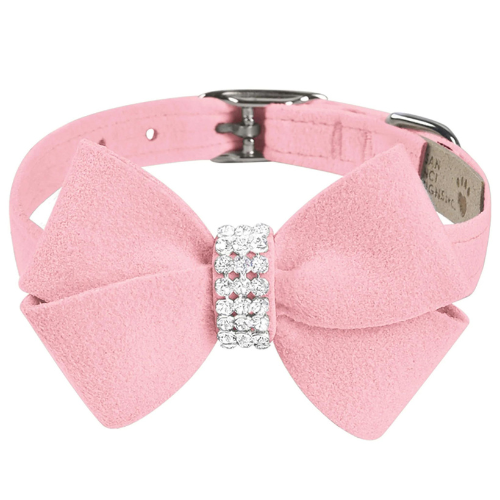 Susan Lanci Designs Nouveau Bow Crystal Ultrasuede Collar — Puppy Pink