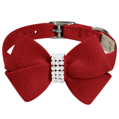Susan Lanci Designs Nouveau Bow Crystal Ultrasuede Collar — Red