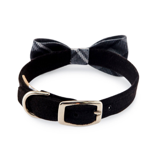 Susan Lanci Designs Scotty Bow Tie Dog Collar — Black + Charcoal Plaid Buckle View