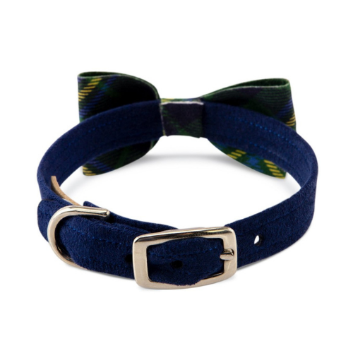 Susan Lanci Designs Scotty Bow Tie Dog Collar — Indigo + Forest Plaid Buckle View