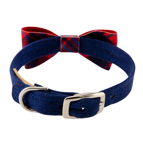 Susan Lanci Designs Scotty Bow Tie Dog Collar — Indigo + Chestnut Plaid Back View
