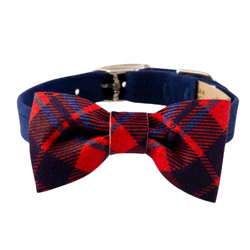 Susan Lanci Designs Scotty Bow Tie Dog Collar — Indigo + Chestnut Plaid