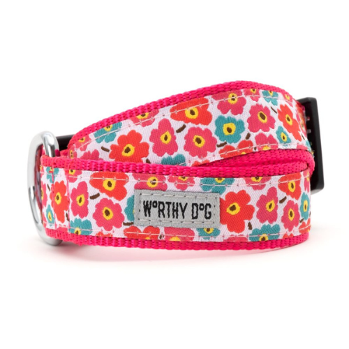 The Worthy Dog Fleurs Ribbon Nylon Webbing Dog Collar — Pink