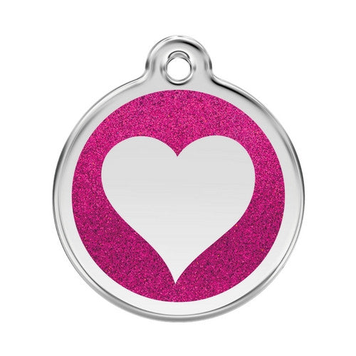 Red Dingo Glitter Heart Stainless Steel Dog ID Tag Large Hot Pink