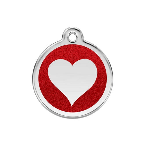 Red Dingo Glitter Heart Stainless Steel Dog ID Tag Medium Red