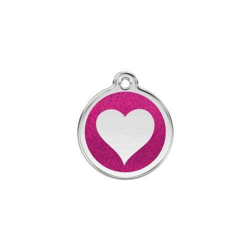 Red Dingo Glitter Heart Stainless Steel Dog ID Tag Small Hot Pink